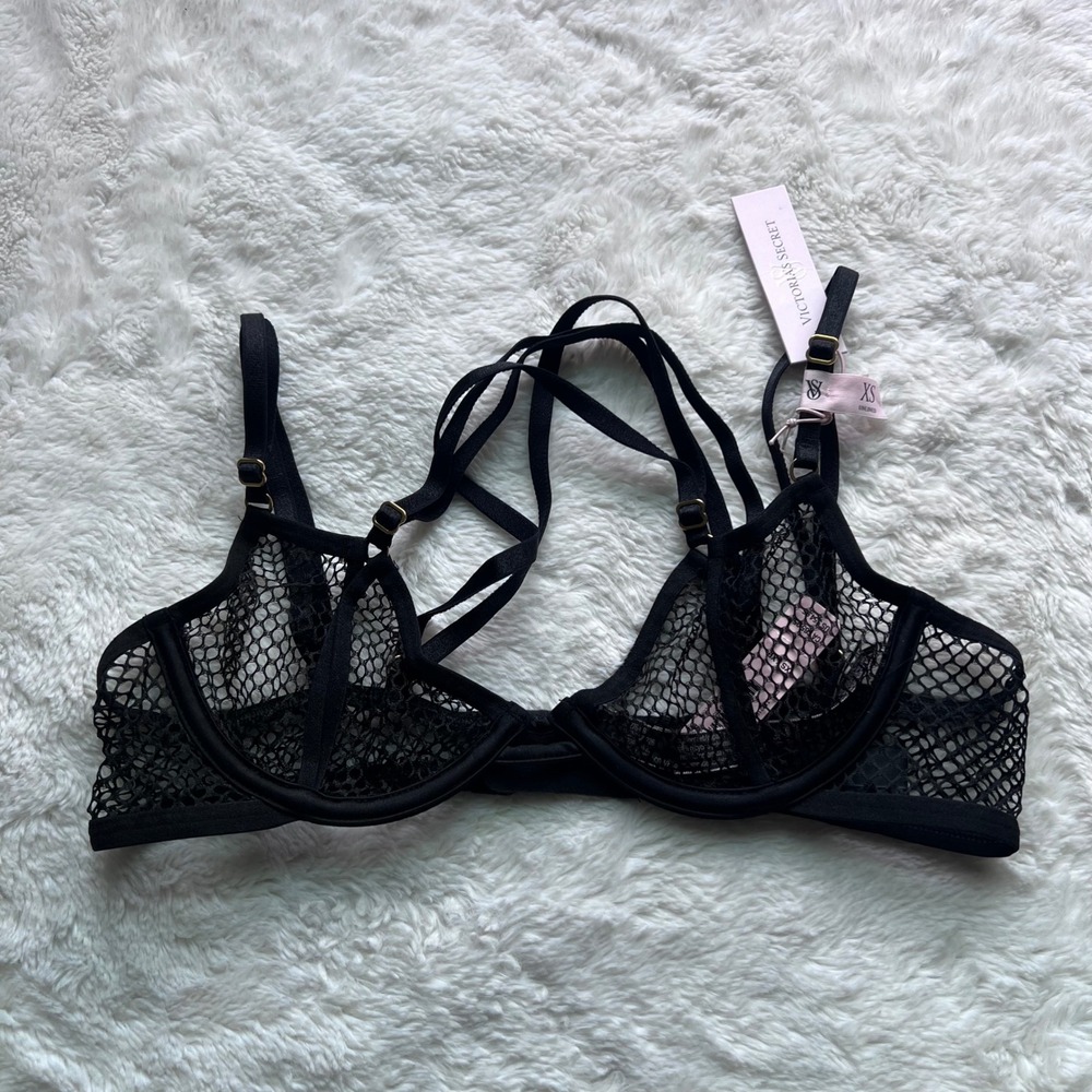 Victoria's Secret Very Sexy Black Fishnet Strappy Unlined Demi Bra XS 11221813